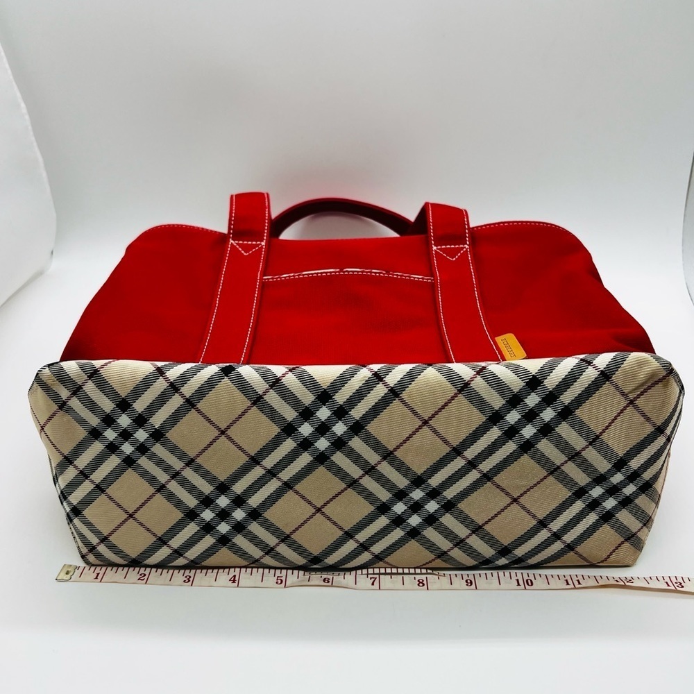 Burberry Red Canvas Tote with Plaid Accents and Top Zipper - Picture 6 of 16